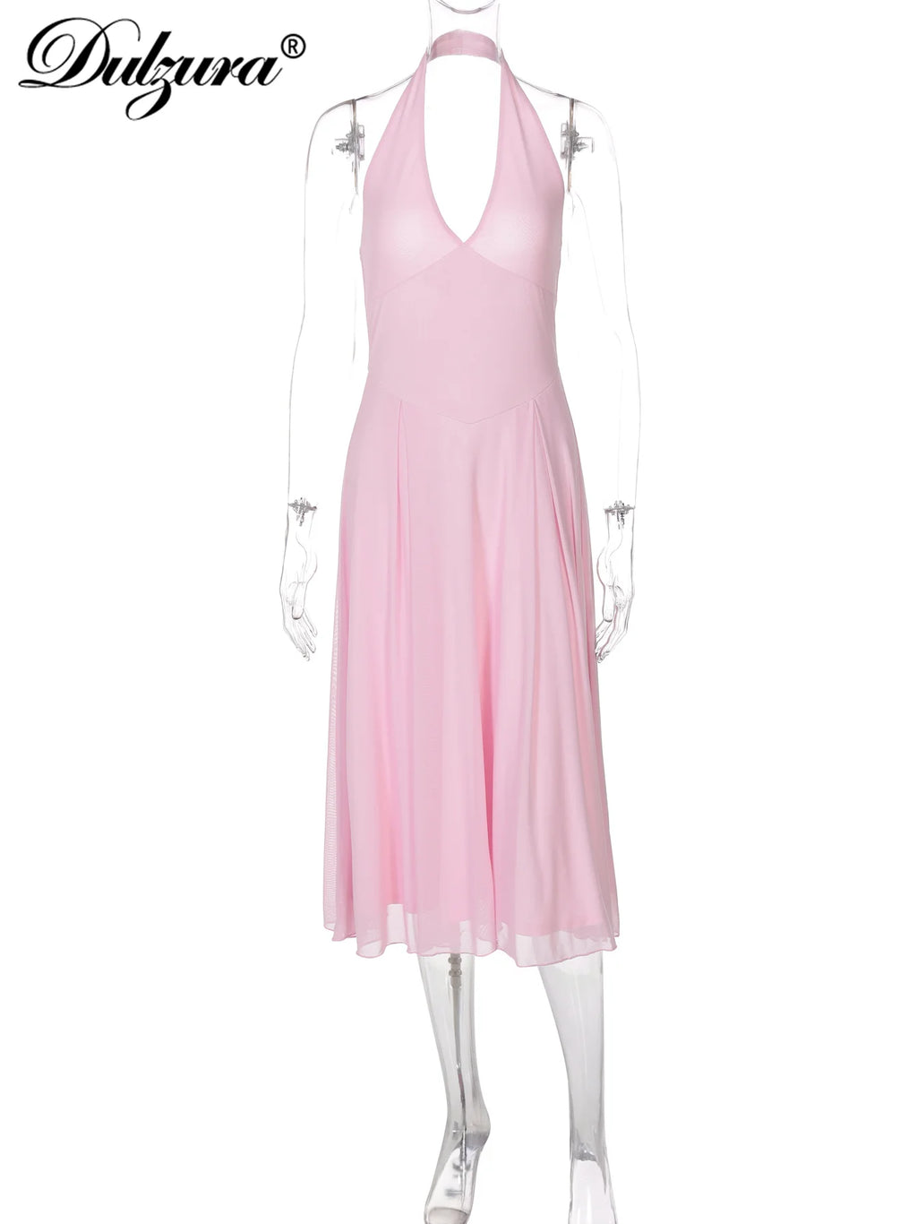 Mesh Backless Halter Sleeveless Midi Dress