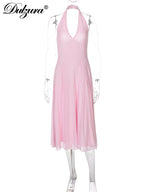 Mesh Backless Halter Sleeveless Midi Dress