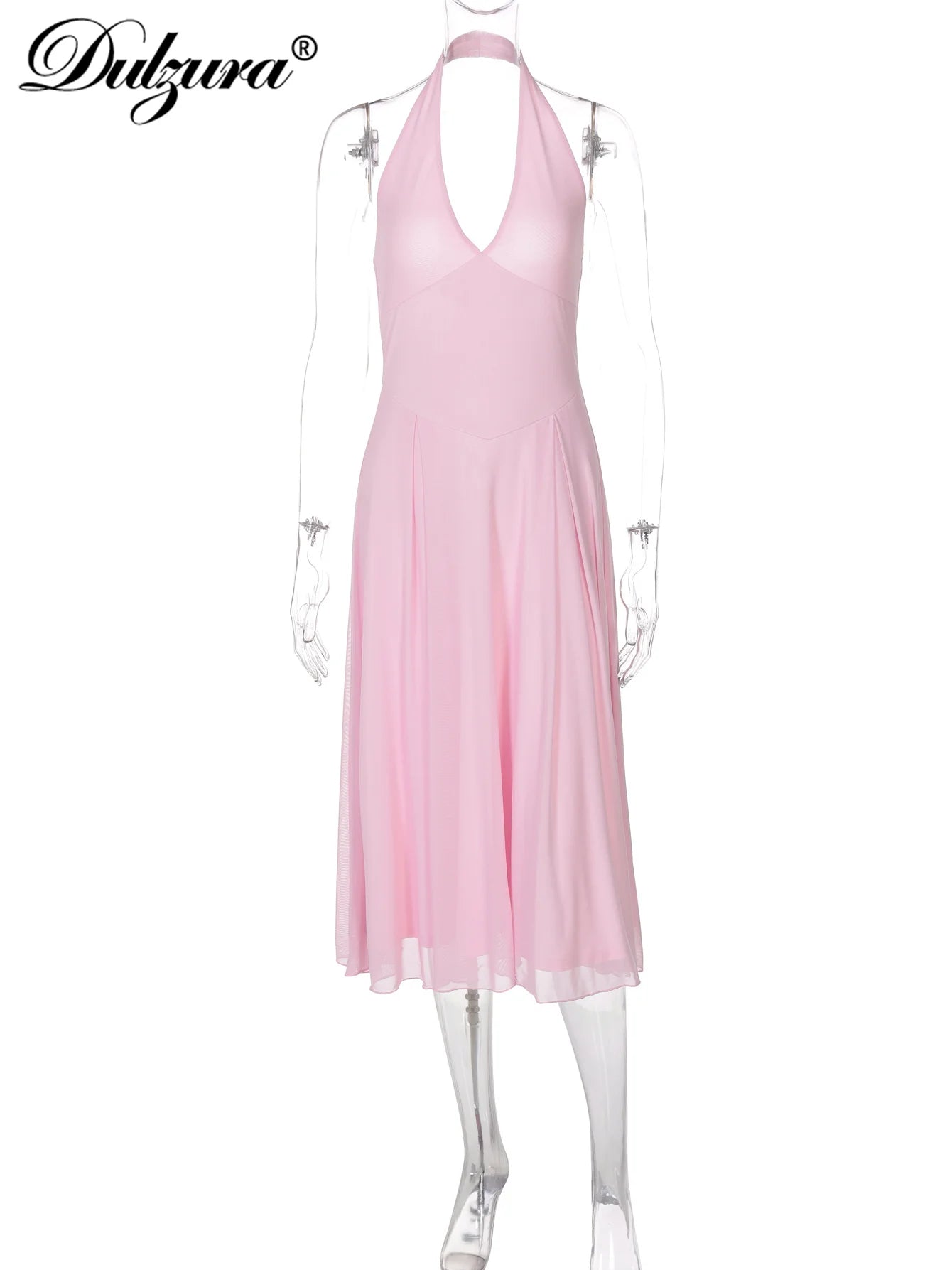 Mesh Backless Halter Sleeveless Midi Dress