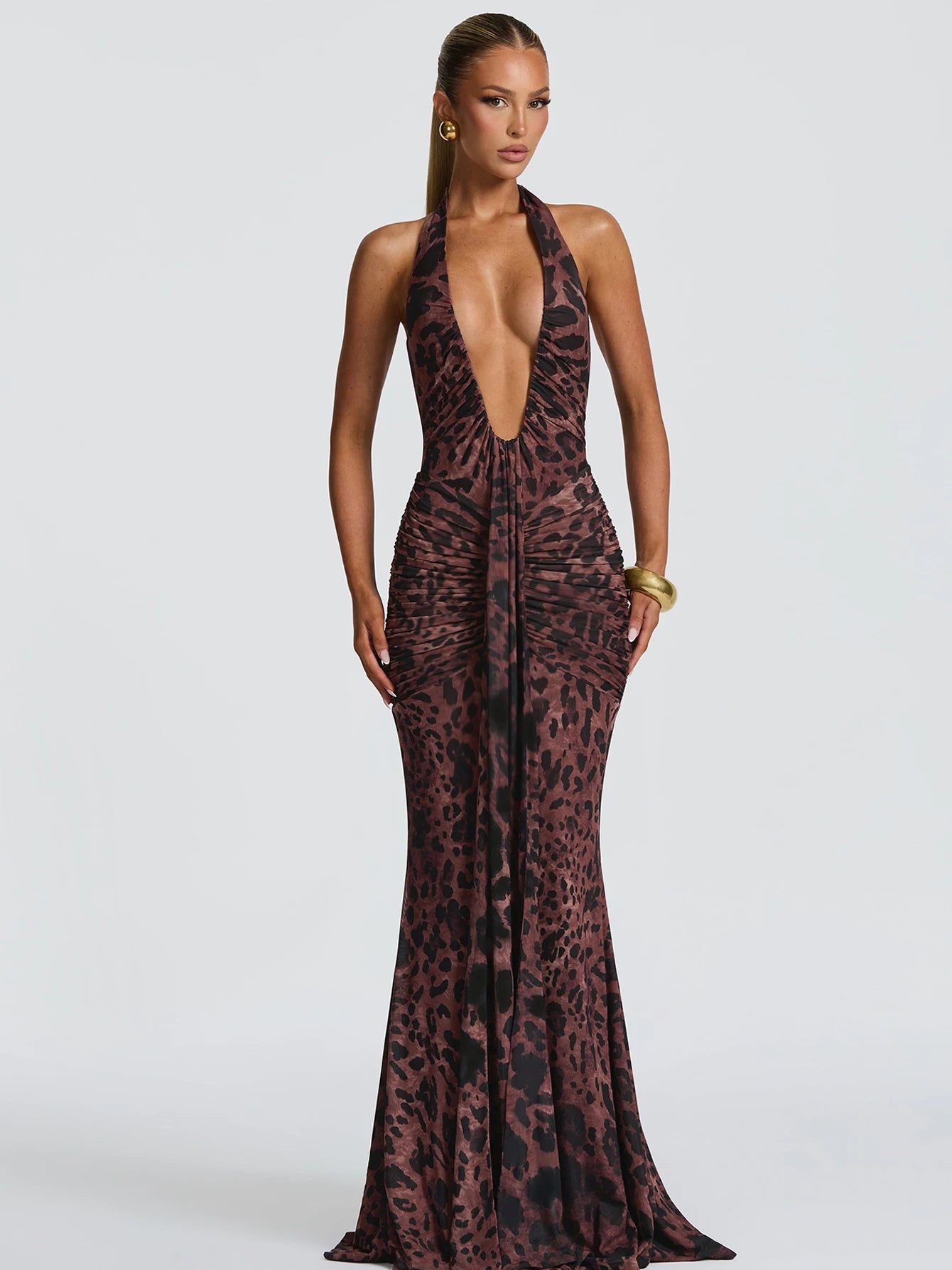 Lace-Up Ruched Backless Tie-Detail Maxi Dress