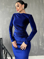 Velvet Ruched Long-Sleeve Maxi Dress