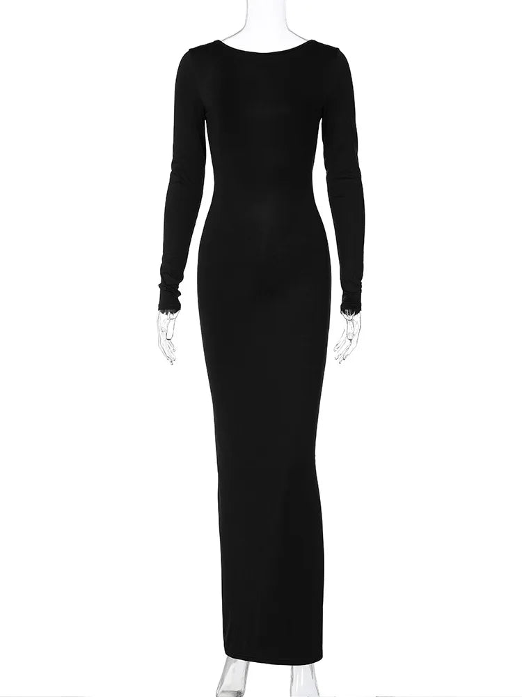 Ruched Backless Long-Sleeve Bodycon Maxi Dress