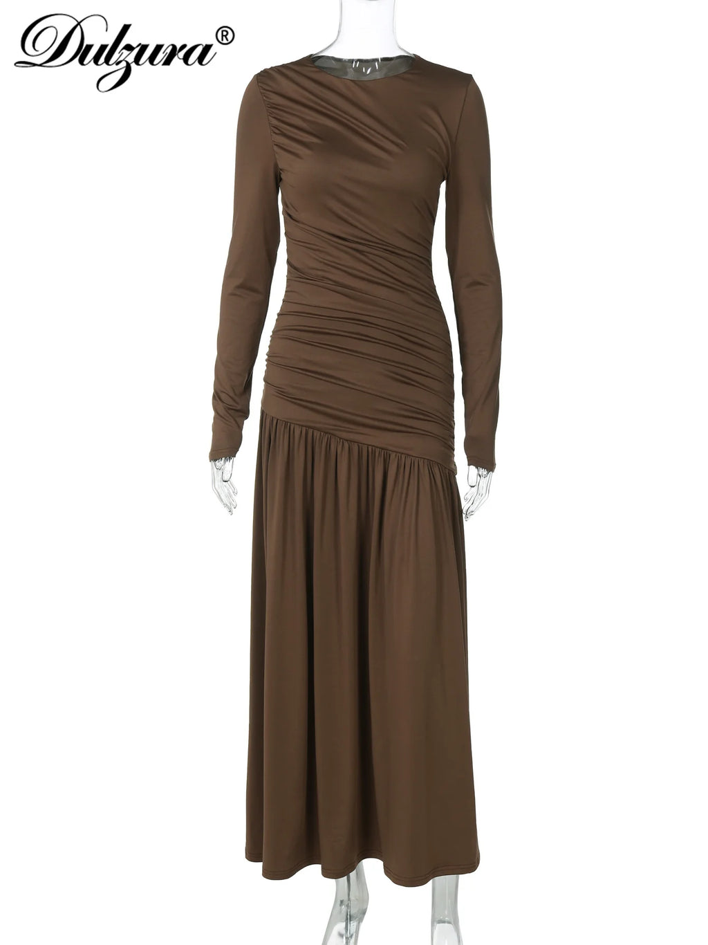 Ruched Pleated Long-Sleeve Slim-Fit Maxi Dress