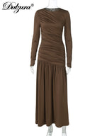 Ruched Pleated Long-Sleeve Slim-Fit Maxi Dress