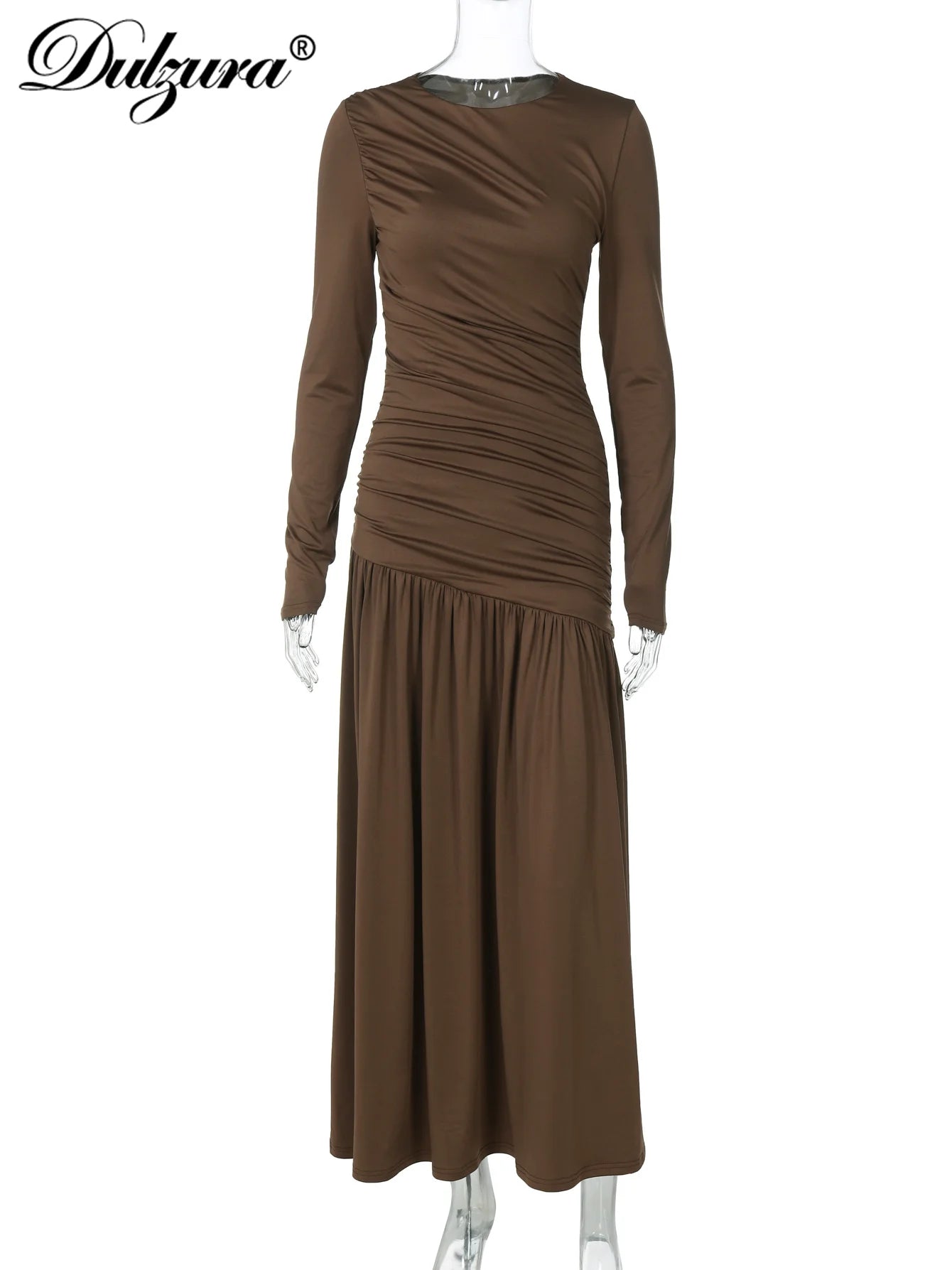 Ruched Pleated Long-Sleeve Slim-Fit Maxi Dress