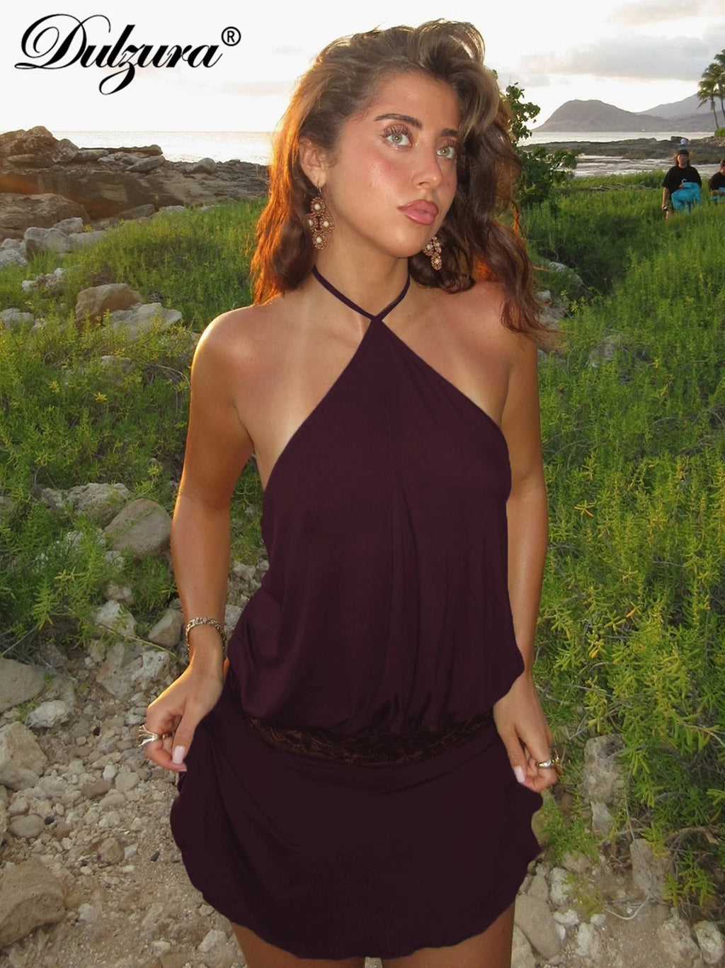 Lace Backless Halter Sleeveless Mini Dress