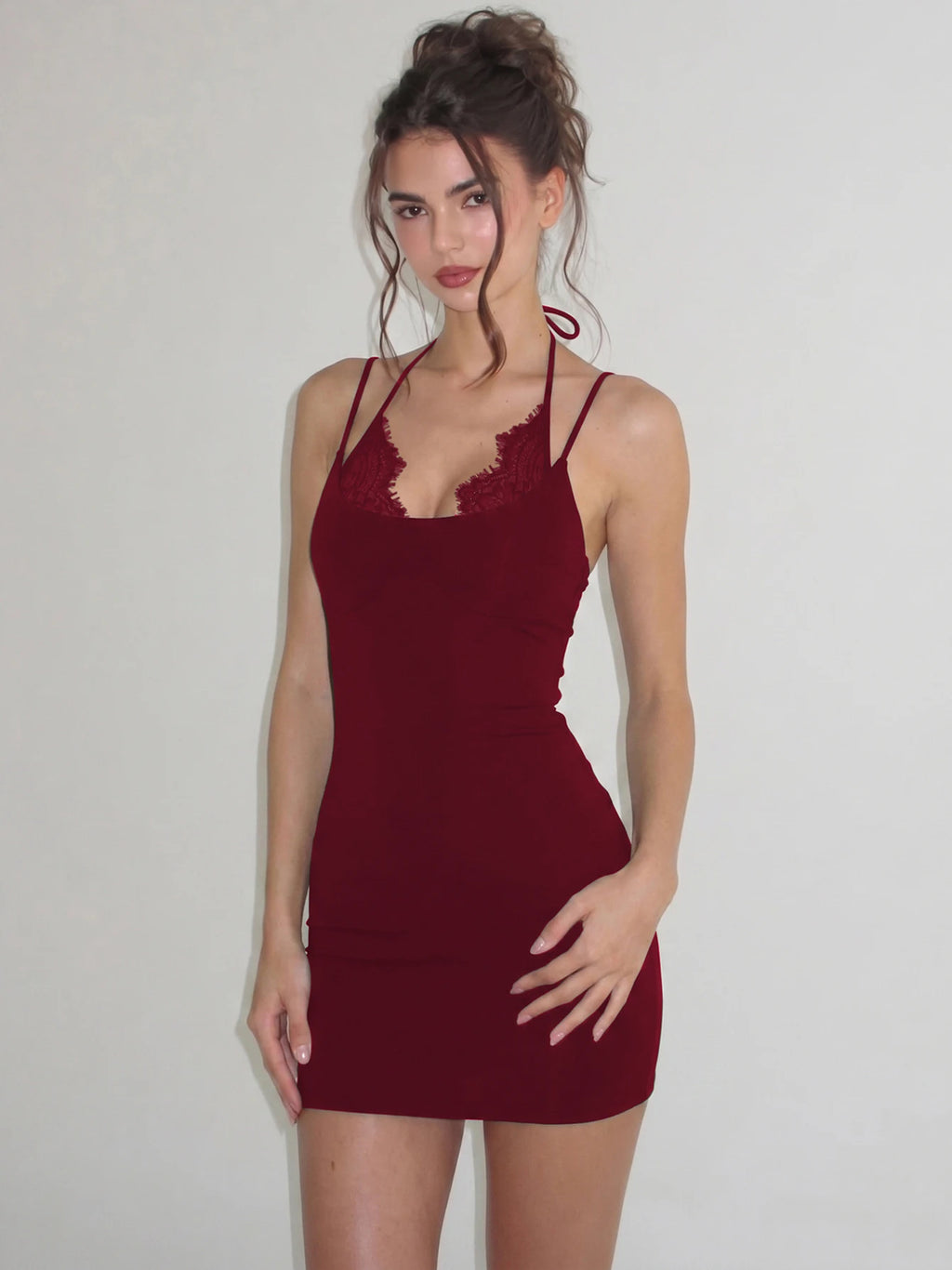 Lace-Up Ruffle Backless Halter Mini Dress