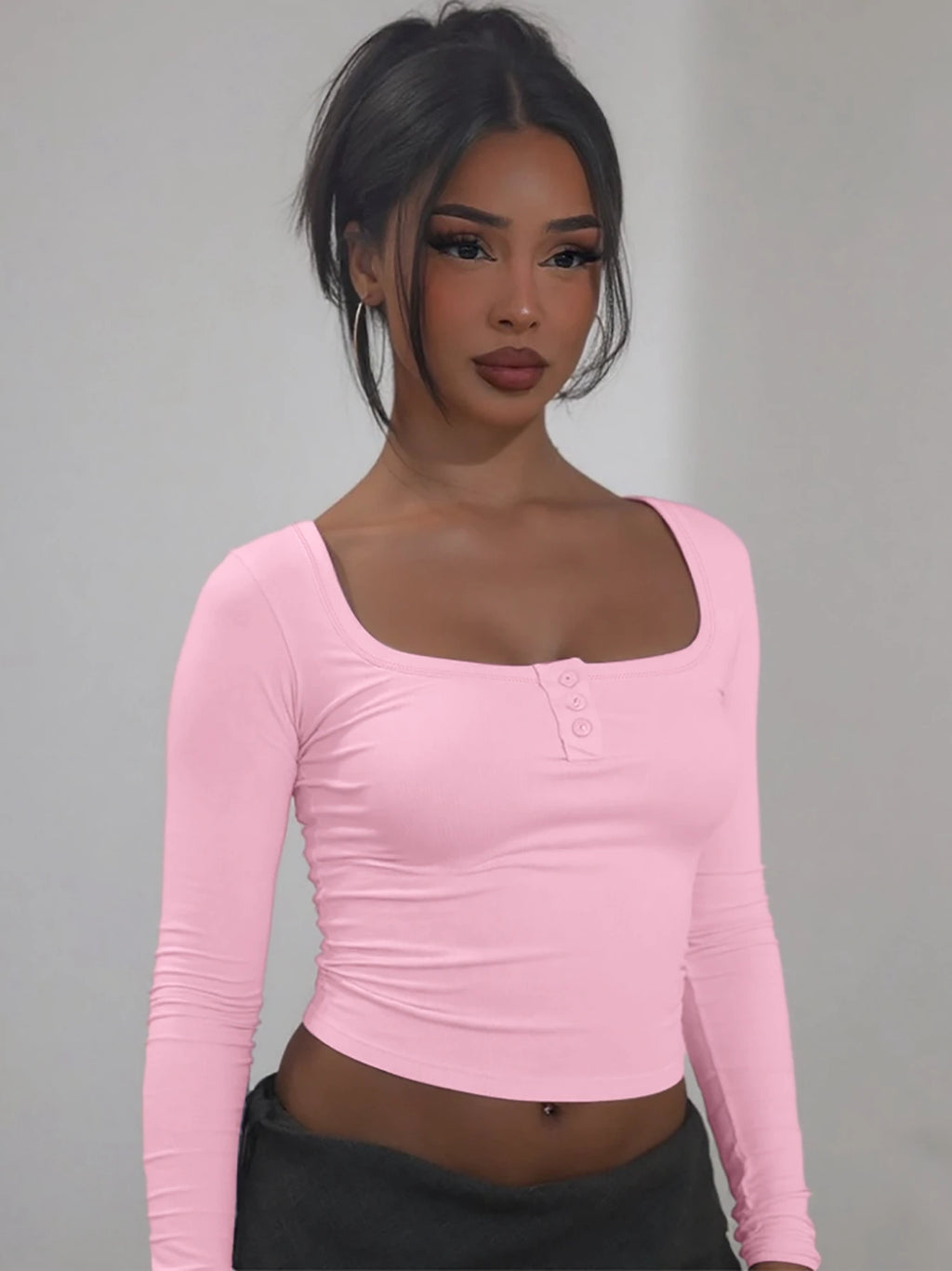 Button-Front Square-Neck Long-Sleeve T-Shirt