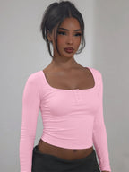 Button-Front Square-Neck Long-Sleeve T-Shirt