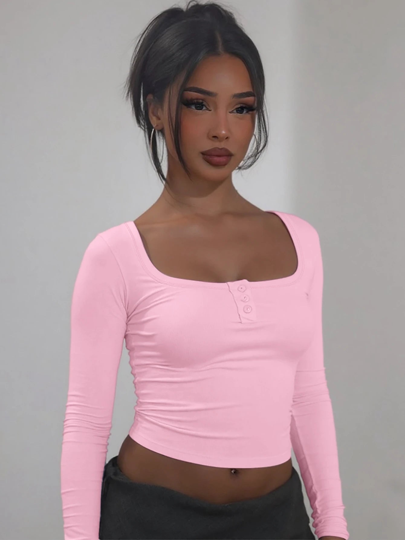Button-Front Square-Neck Long-Sleeve T-Shirt