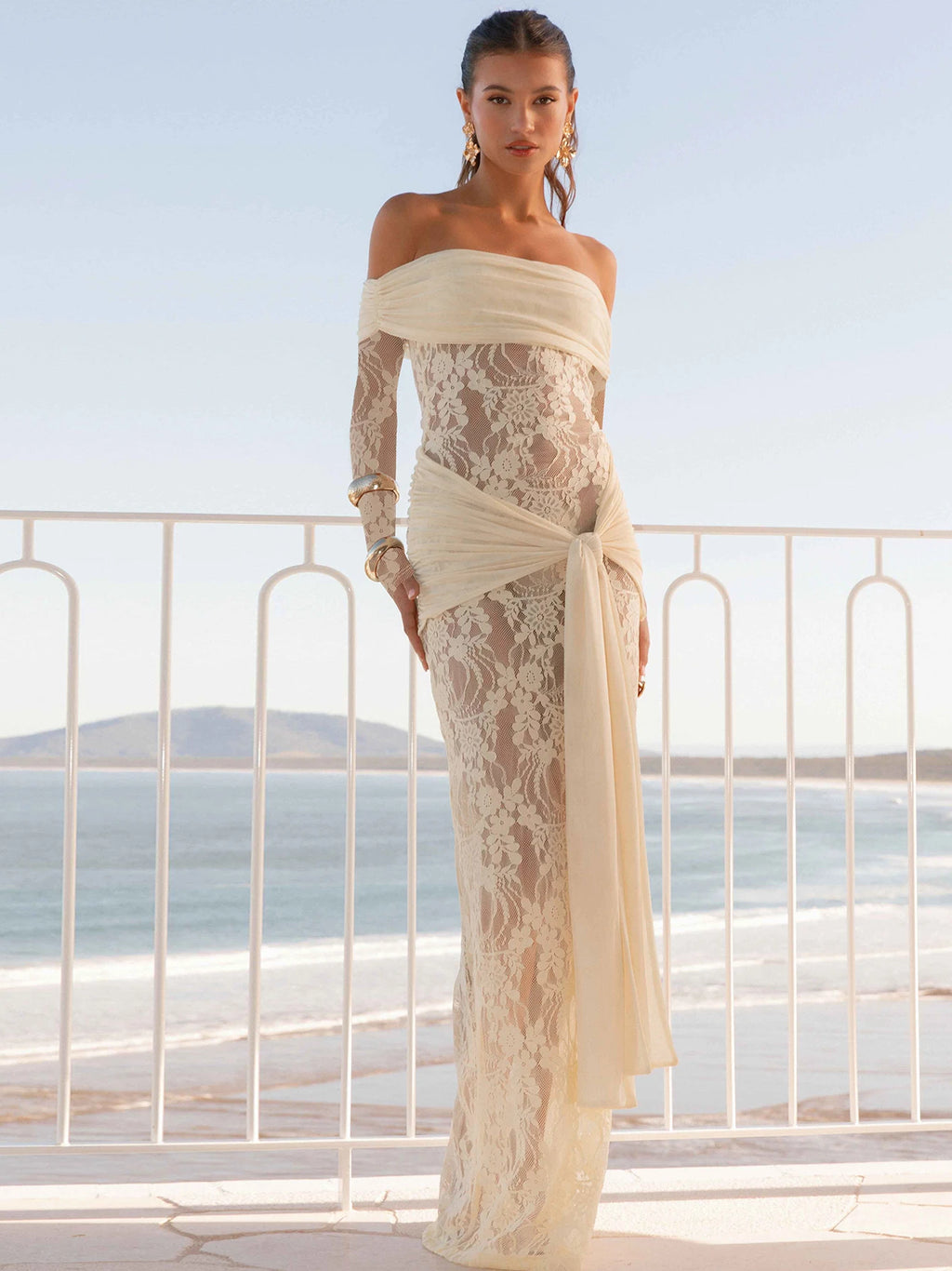 Sheer Lace-Up Ruched Backless Maxi Dress