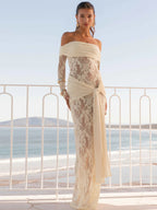 Sheer Lace-Up Ruched Backless Maxi Dress
