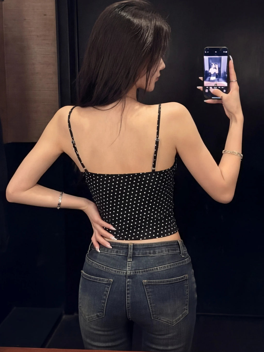 Polka-Dot Backless Slim-Fit Cropped Camisole Top