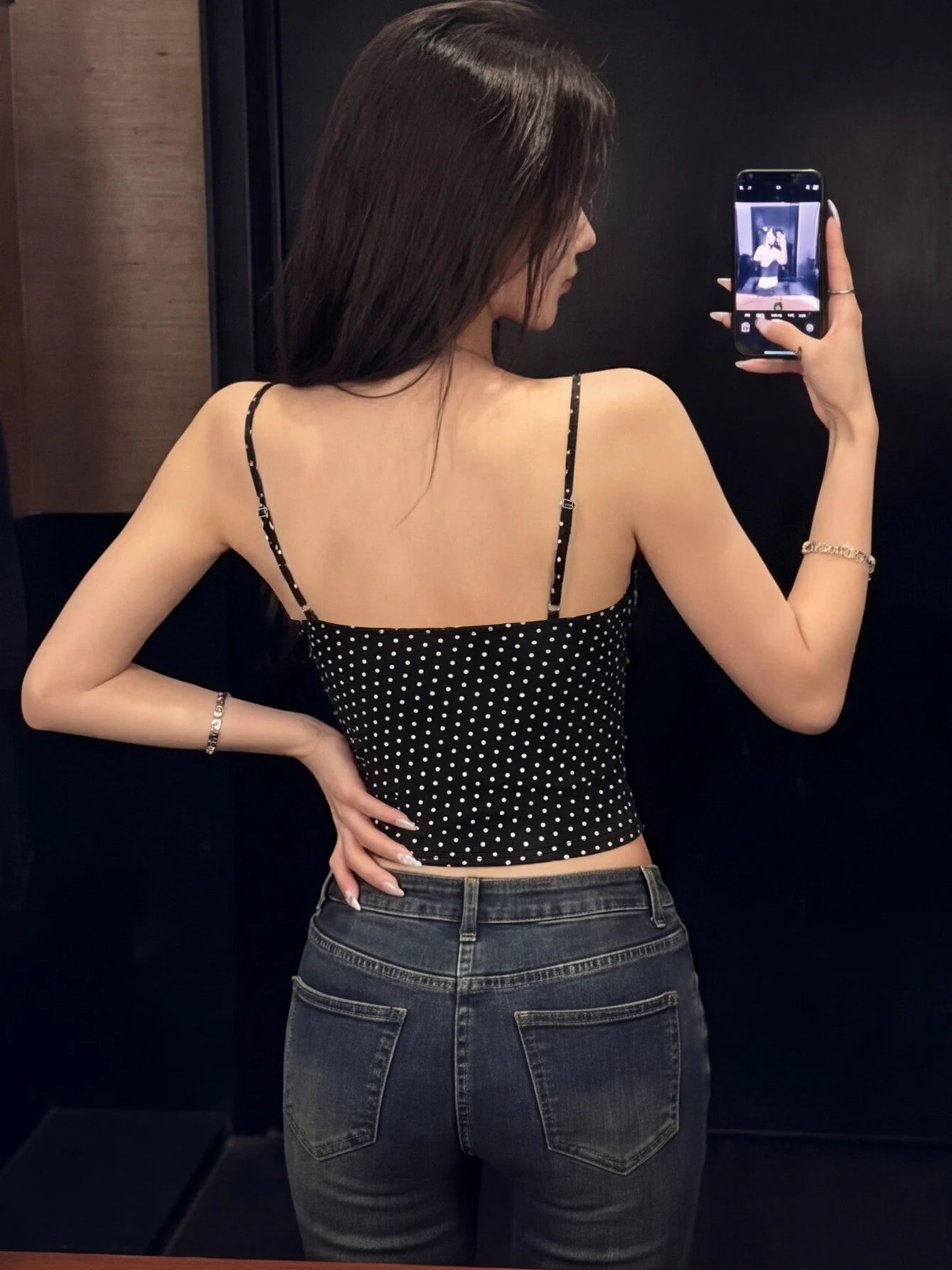 Polka-Dot Backless Slim-Fit Cropped Camisole Top