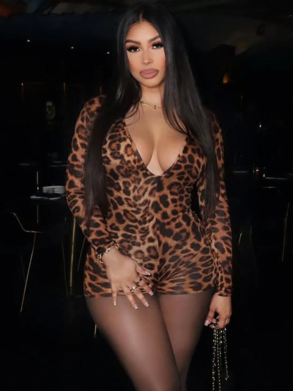 Leopard V-Neck Long-Sleeve Bodycon Jumpsuit