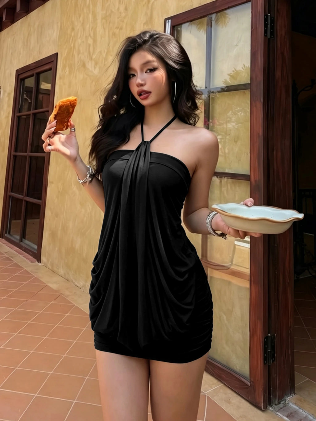 Mesh Ruched Backless Halter Mini Dress