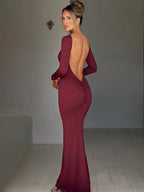 Ruched Backless Long-Sleeve Bodycon Maxi Dress