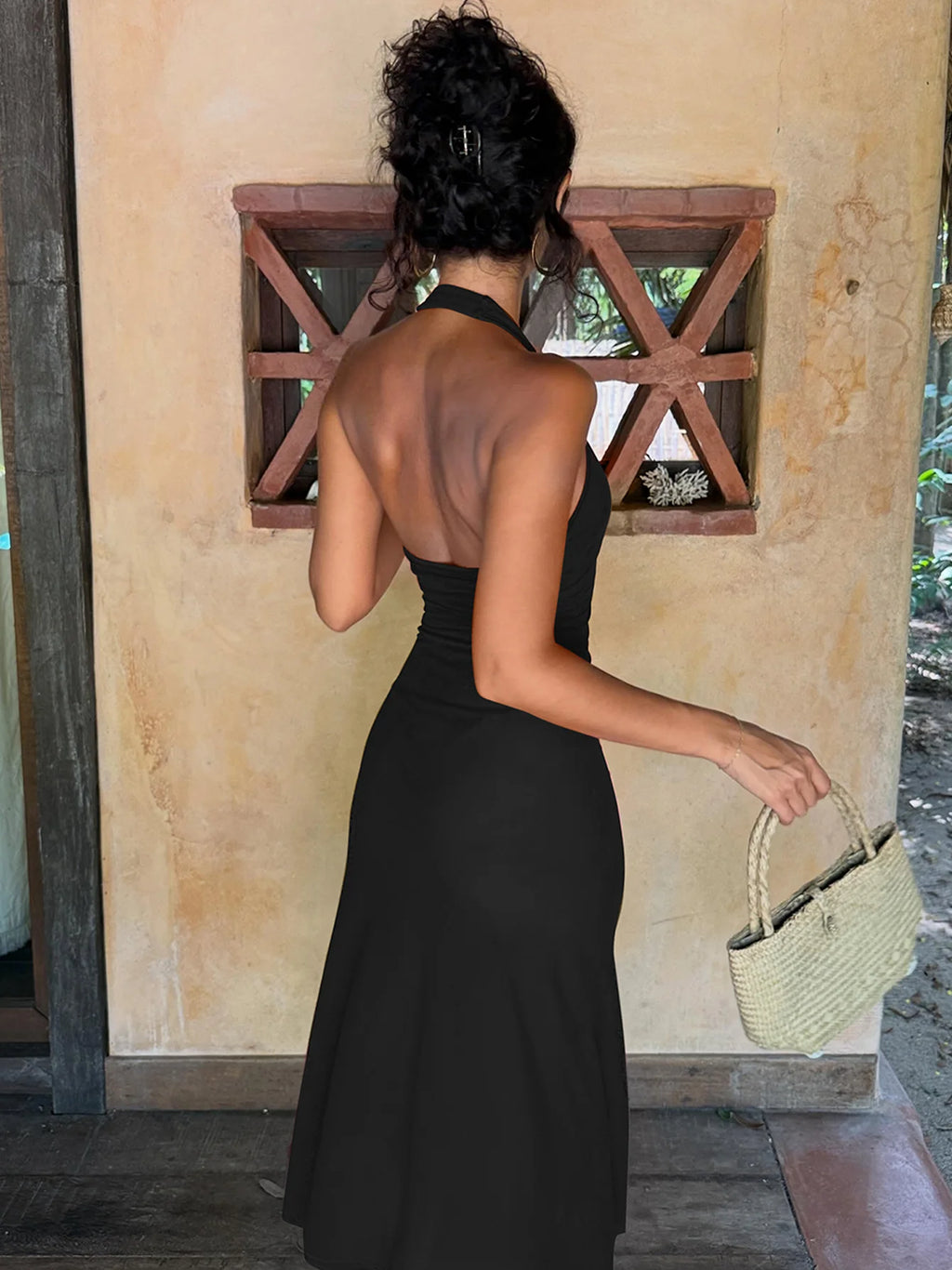Mesh Backless Halter Sleeveless Midi Dress