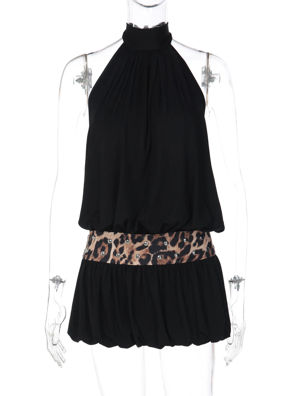 Leopard Lace-Up Backless Halter Mini Dress