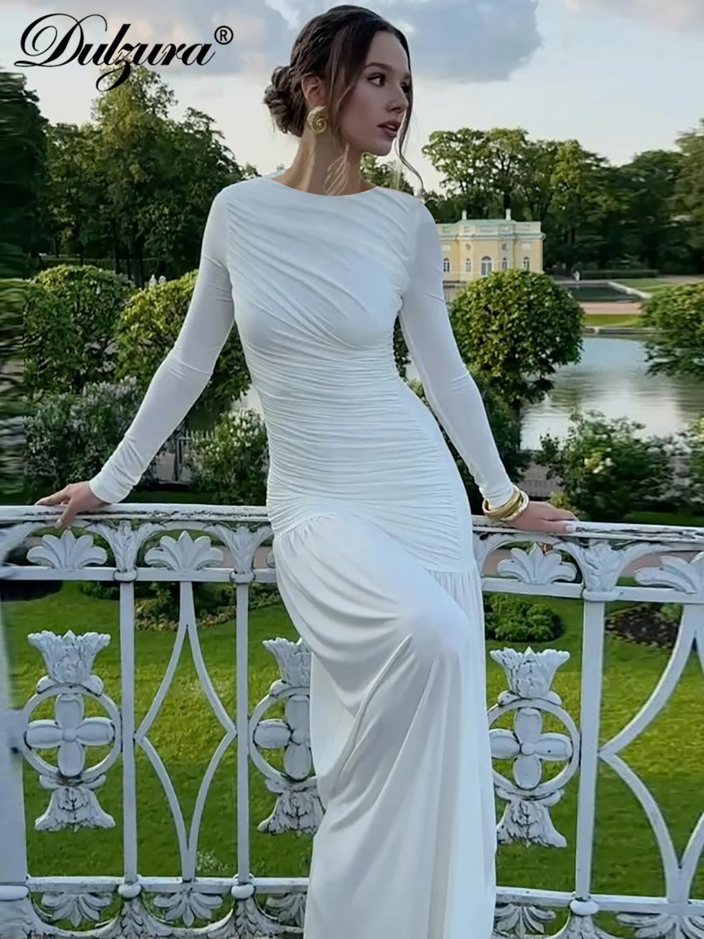 Ruched Pleated Long-Sleeve Slim-Fit Maxi Dress