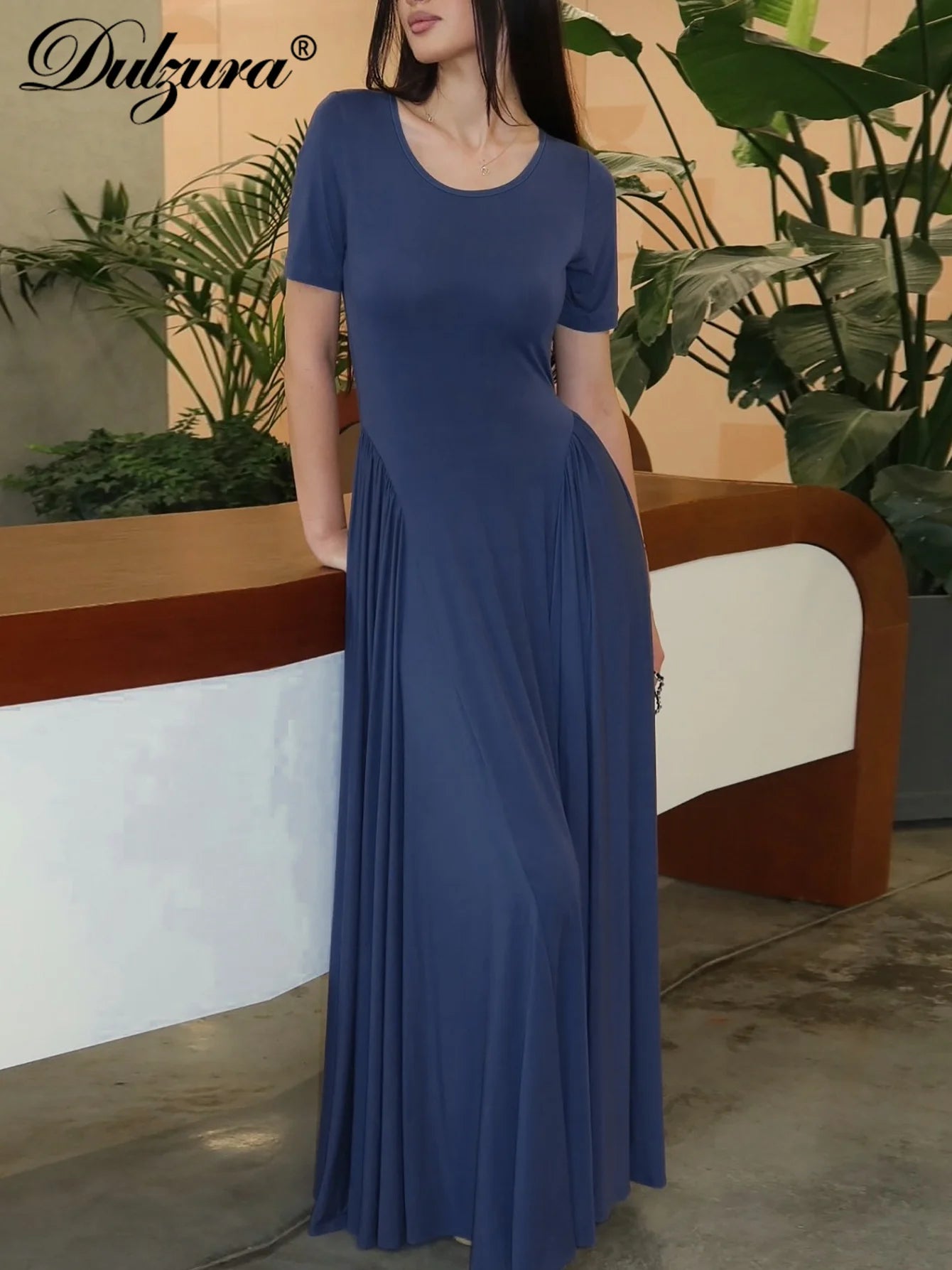 Pleated Short-Sleeve Cropped Maxi Dress
