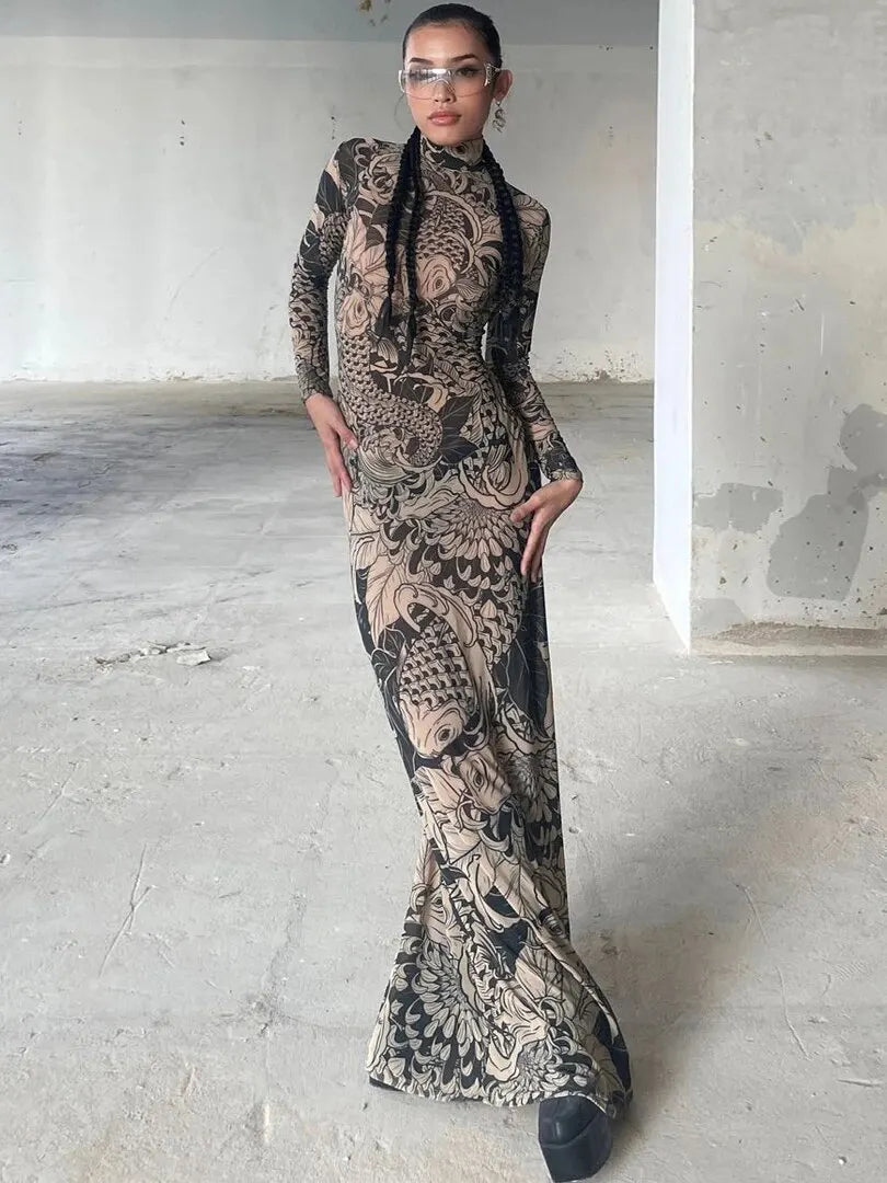 Mesh Sheer Long-Sleeve Bodycon Maxi Dress