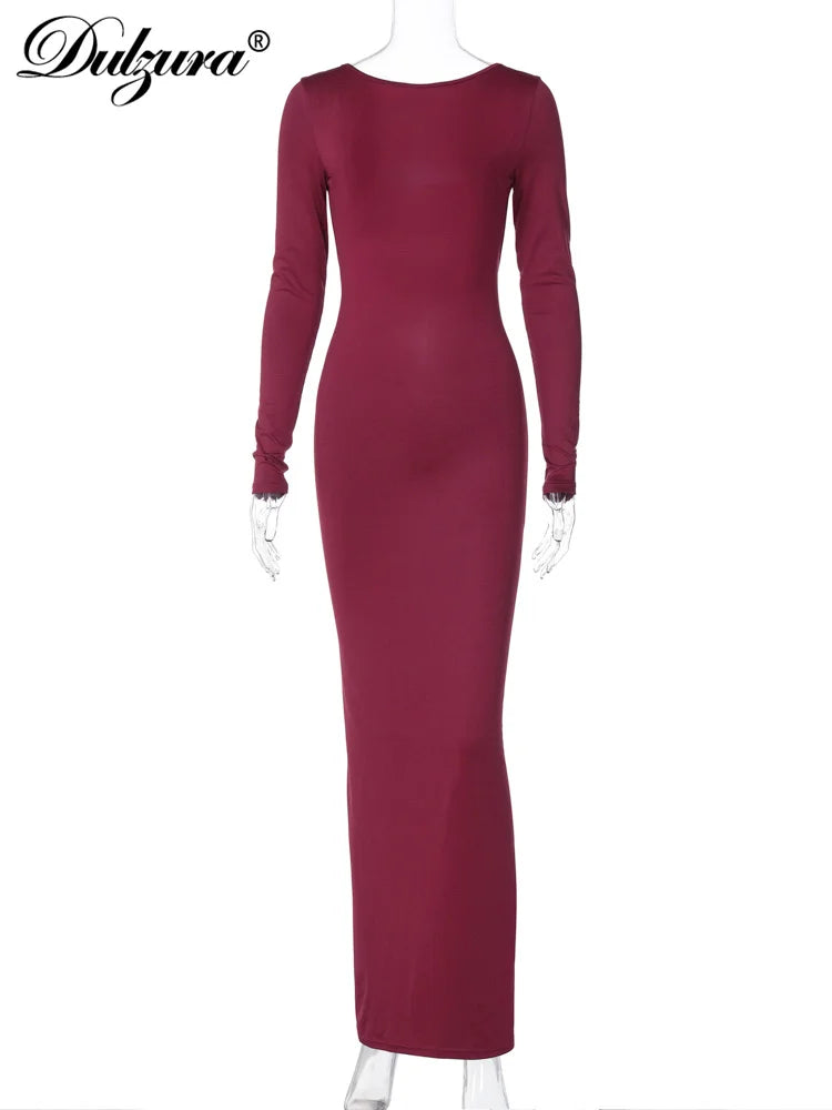 Ruched Backless Long-Sleeve Maxi Dress