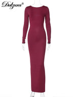 Ruched Backless Long-Sleeve Maxi Dress