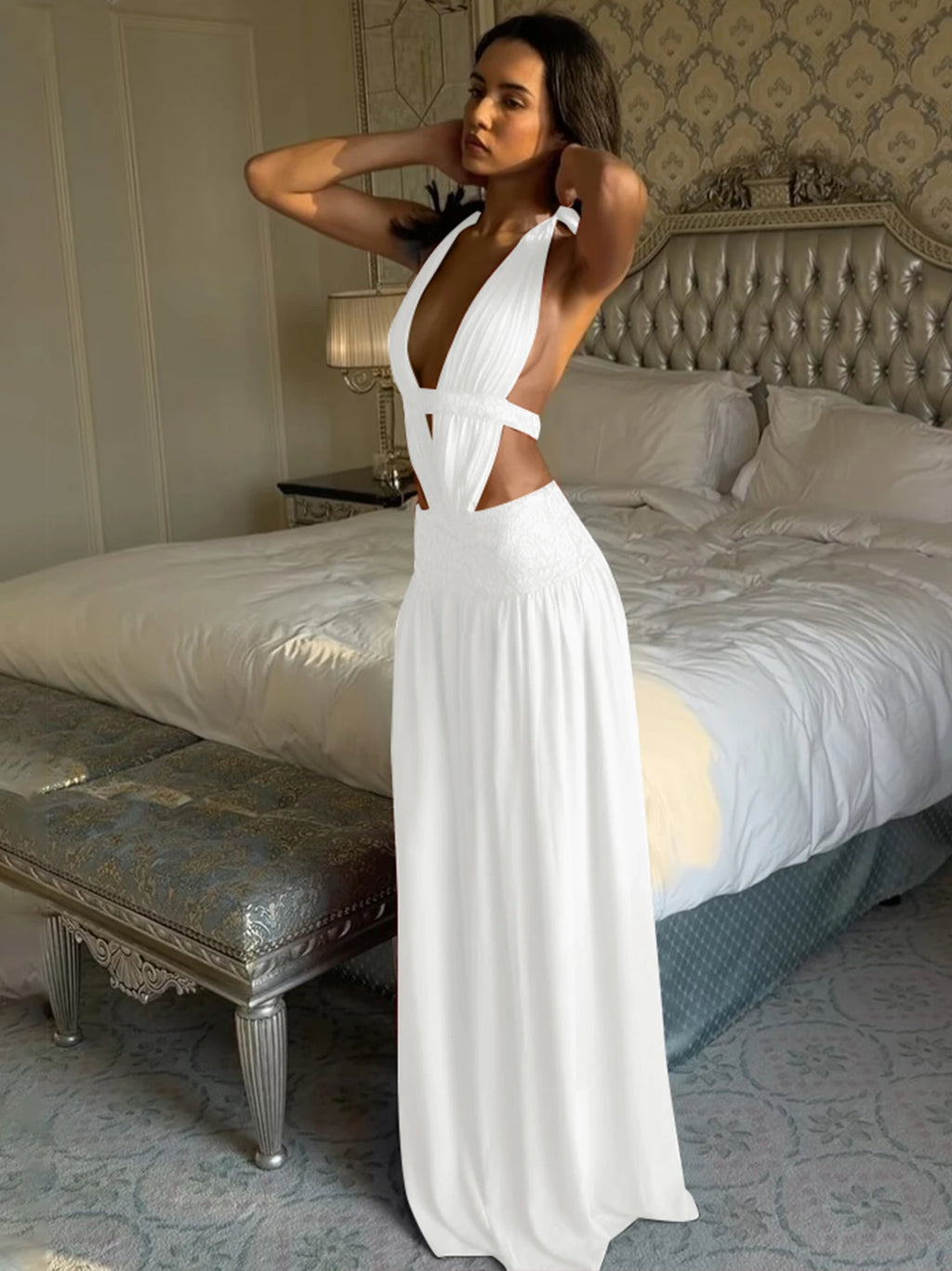 Uma Lace Backless Halter Sleeveless Maxi Dress