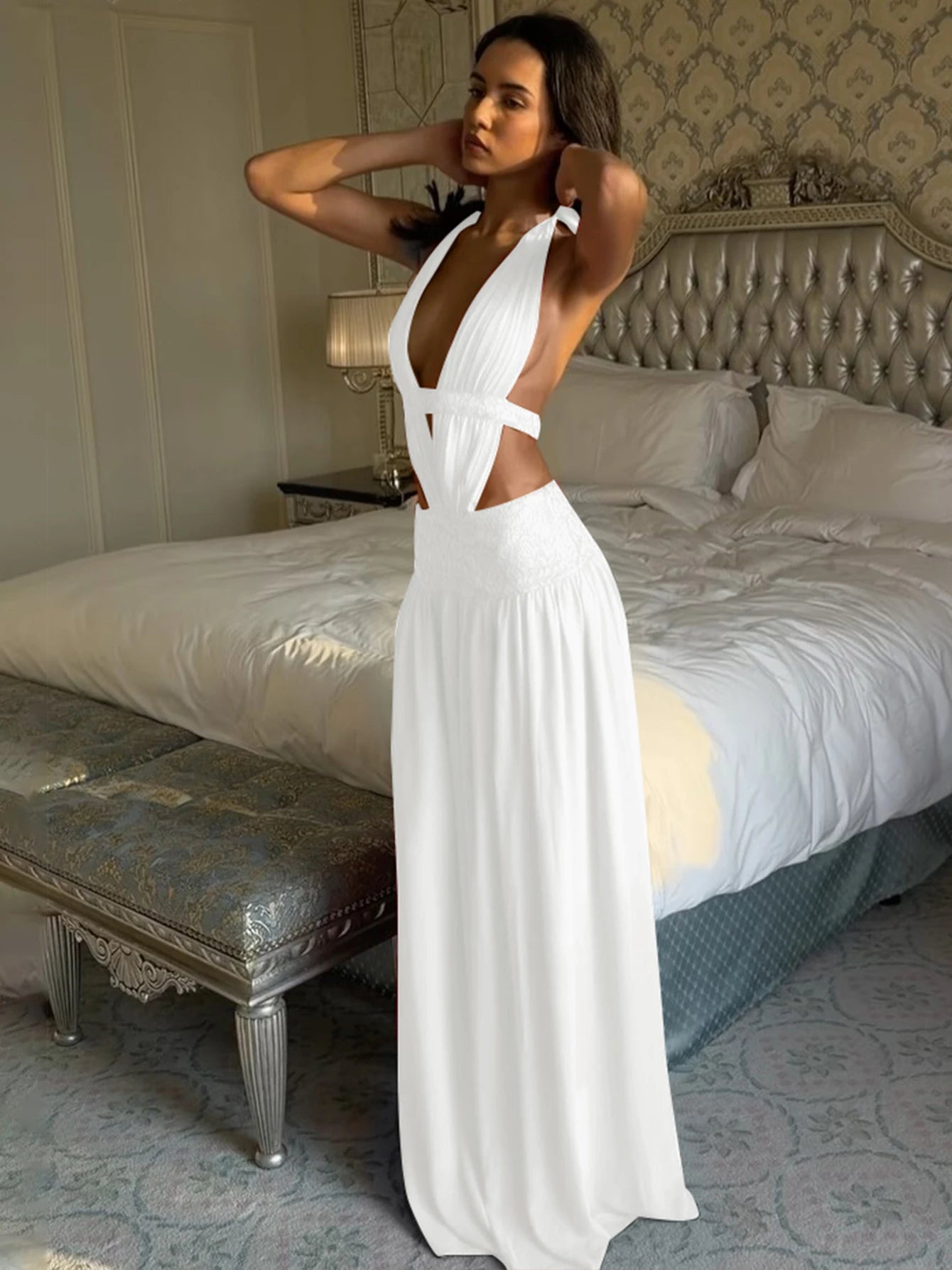 Uma Lace Backless Halter Sleeveless Maxi Dress