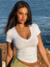 V-Neck Short-Sleeve Bodycon Slim-Fit T-Shirt