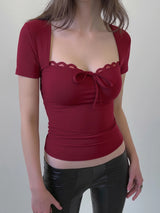 Lace-Up Ruffle Square-Neck Short-Sleeve T-Shirt