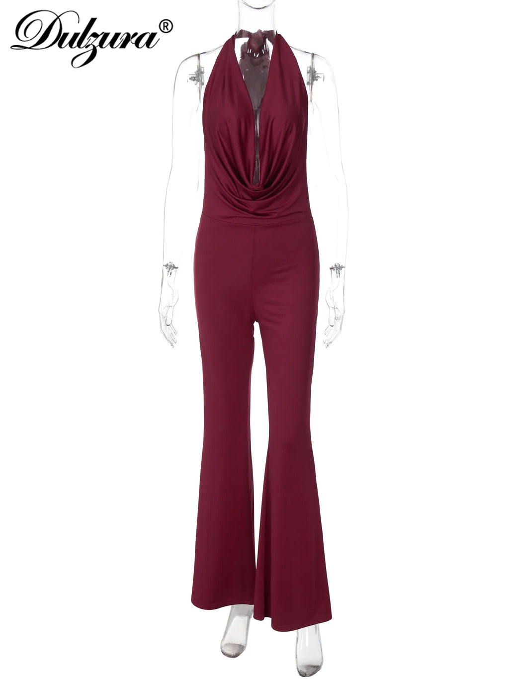 Lace-Up Backless Halter Flared Jumpsuit