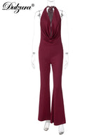 Lace-Up Backless Halter Flared Jumpsuit