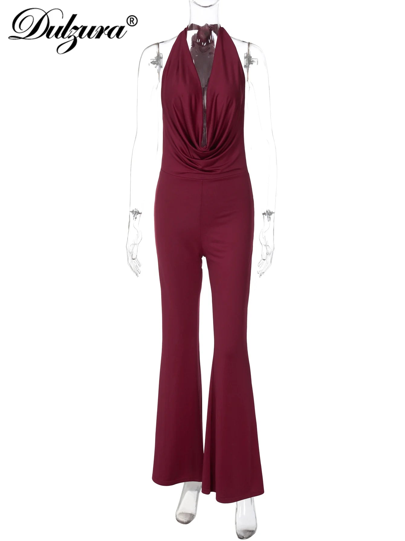 Lace-Up Backless Halter Flared Jumpsuit