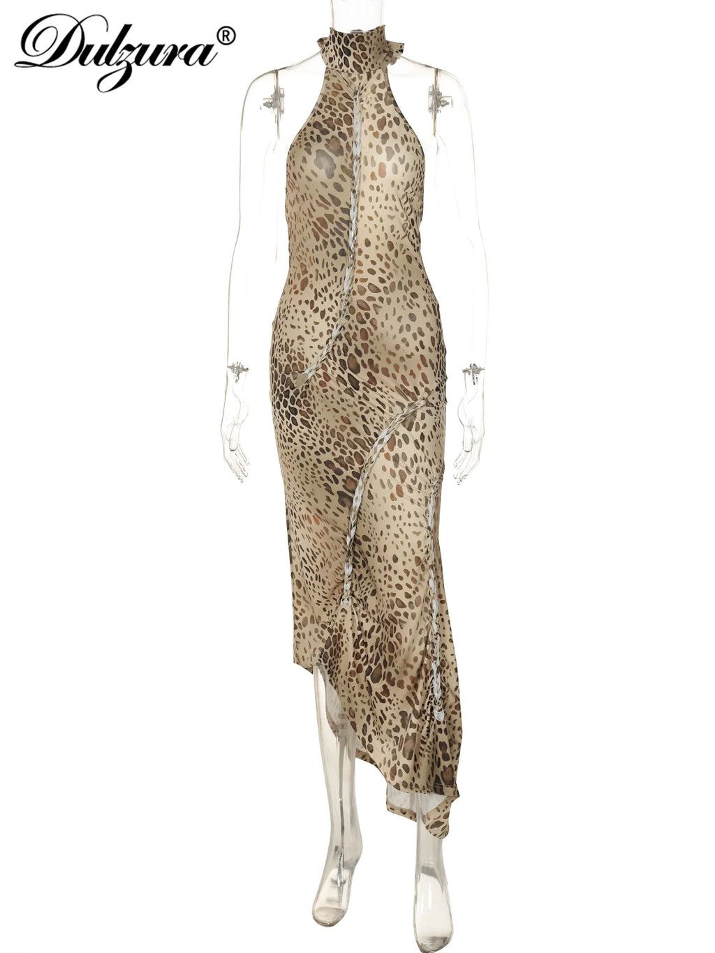 Leopard Lace-Up Backless Cutout Midi Dress