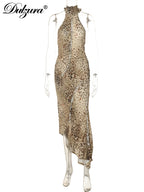 Leopard Lace-Up Backless Cutout Midi Dress