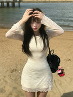 Lace-Up Backless Long-Sleeve Mini Dress