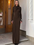 Side-Slit High-Neck Long-Sleeve Maxi Dress
