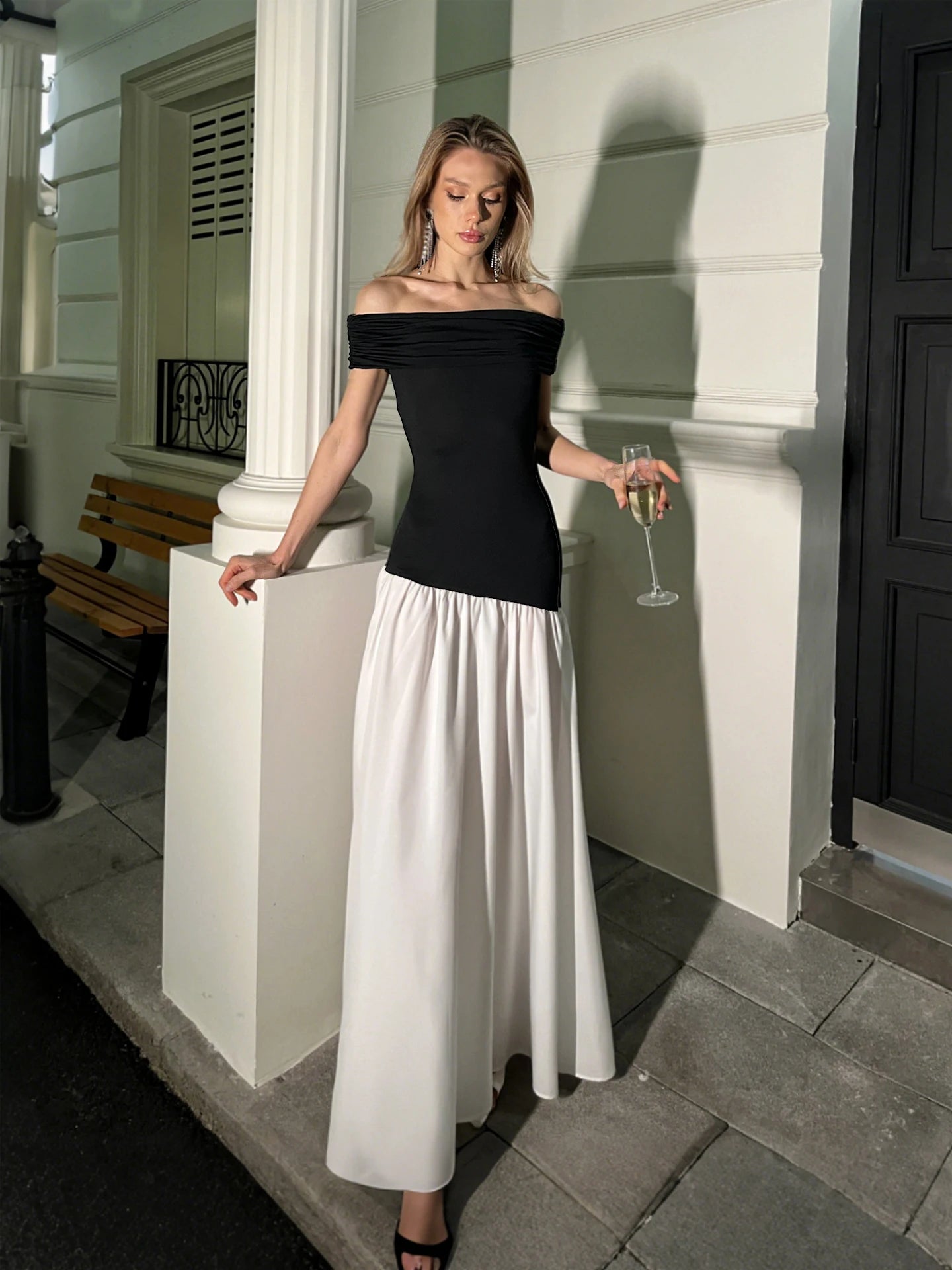 Pleated Backless Off-Shoulder Sleeveless Maxi Dress