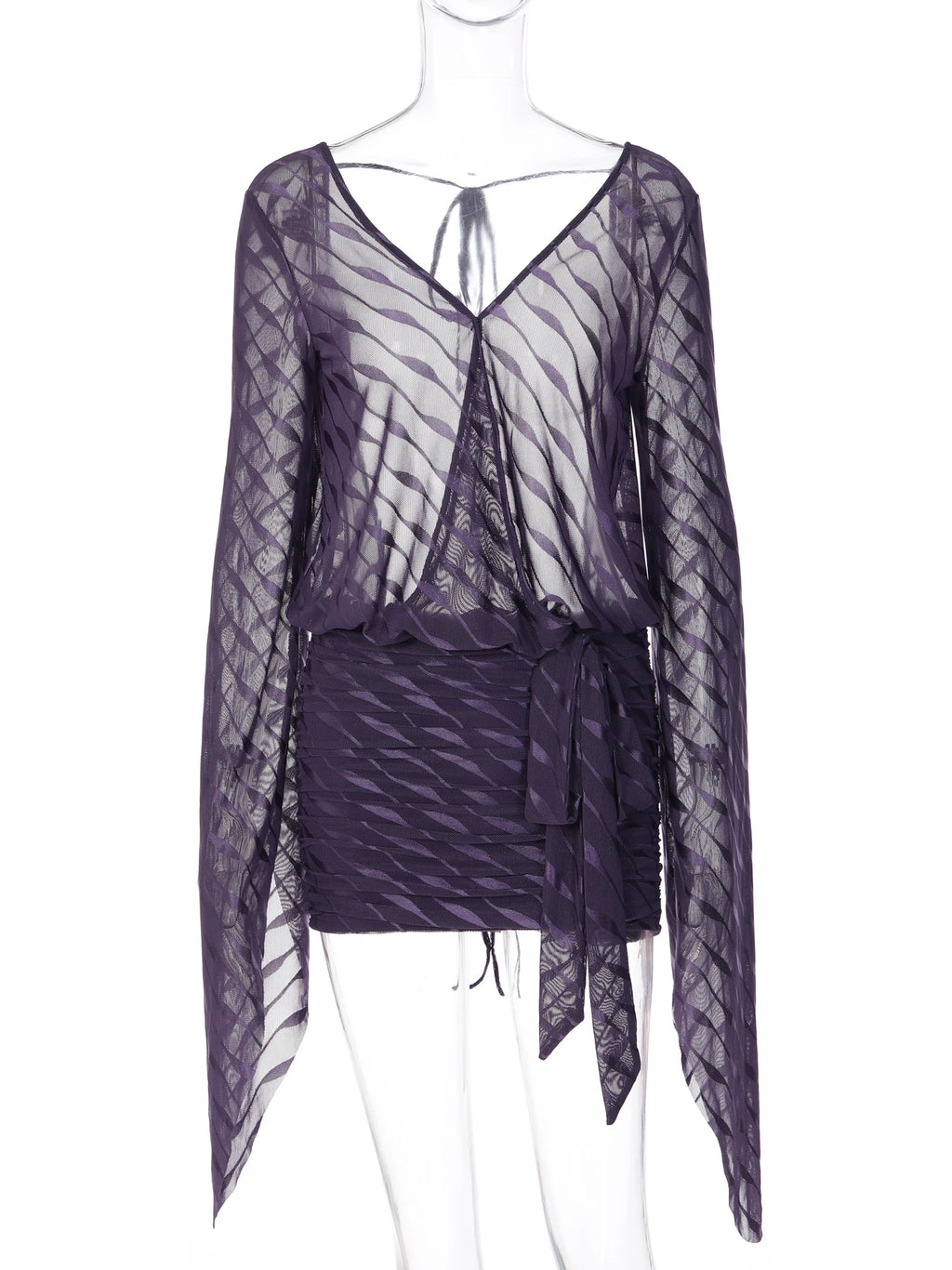 Striped Mesh Sheer Lace-Up Mini Dress
