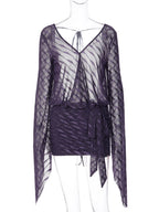 Striped Mesh Sheer Lace-Up Mini Dress