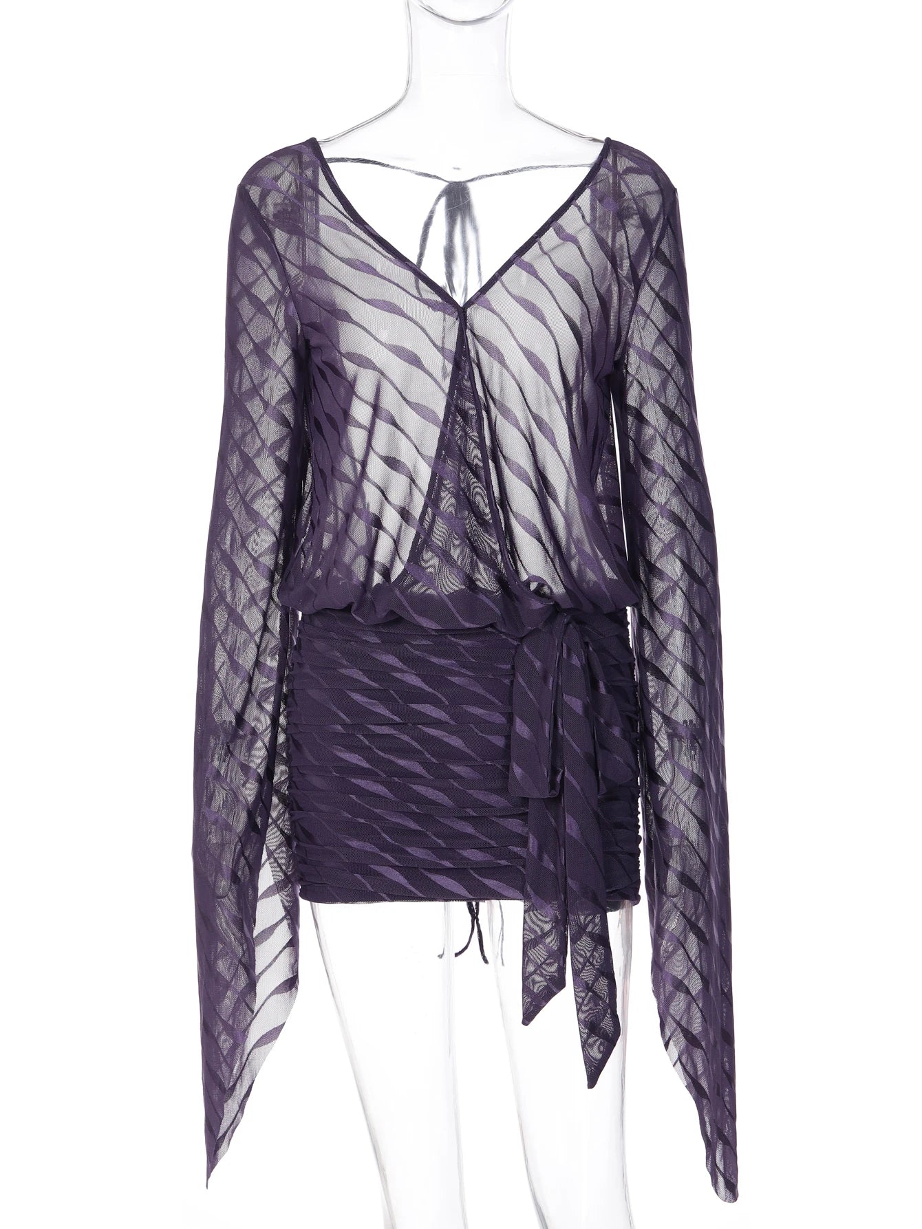 Striped Mesh Sheer Lace-Up Mini Dress