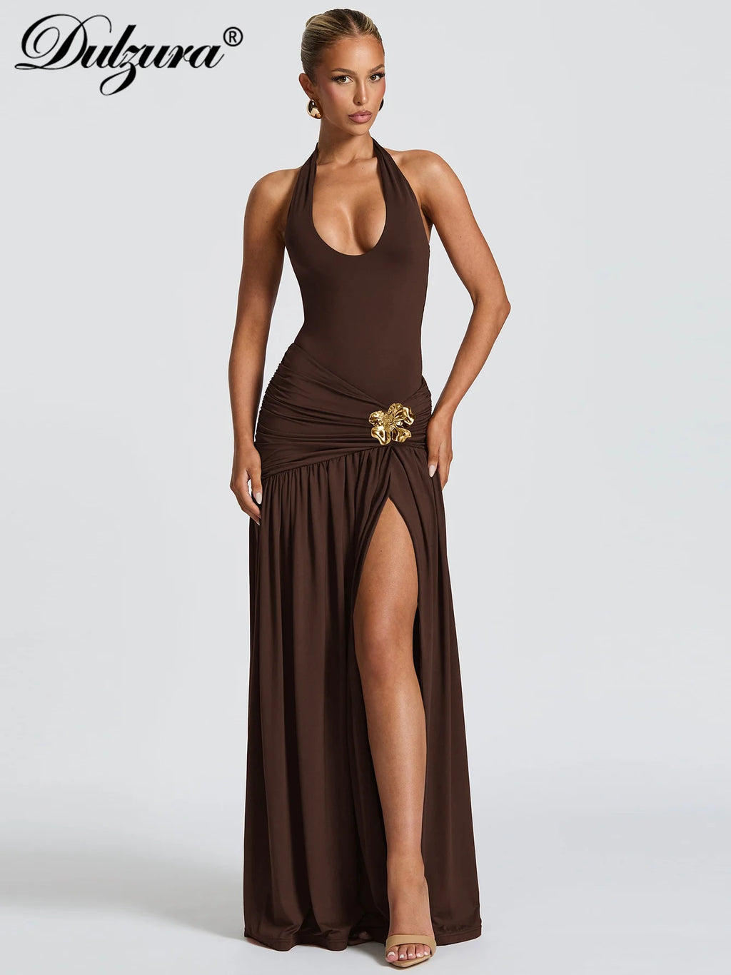 Lace-Up Ruched Pleated Backless Maxi Dress