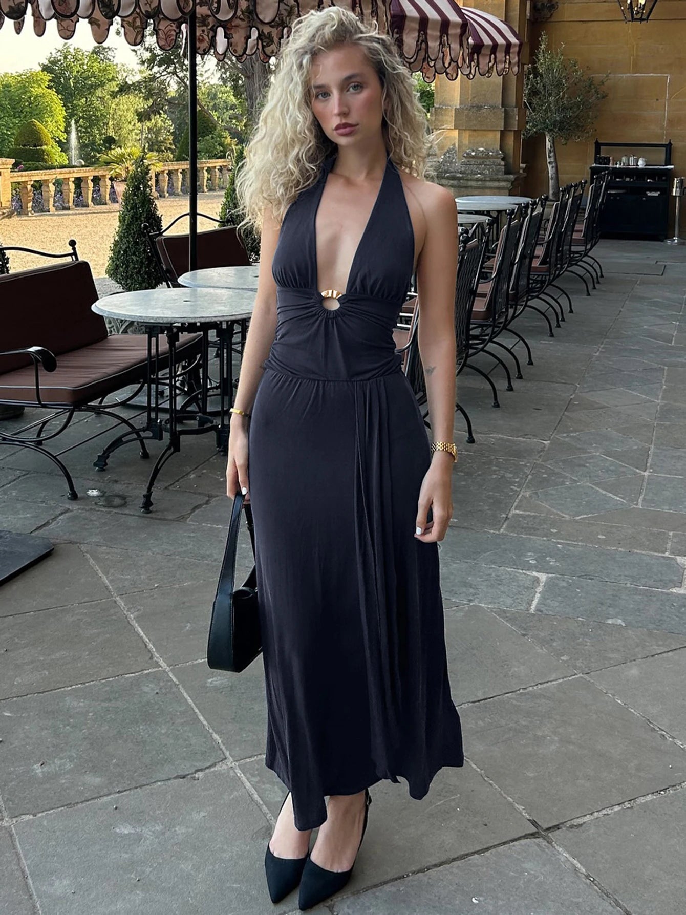 Lace-Up Ruched Backless Halter Maxi Dress