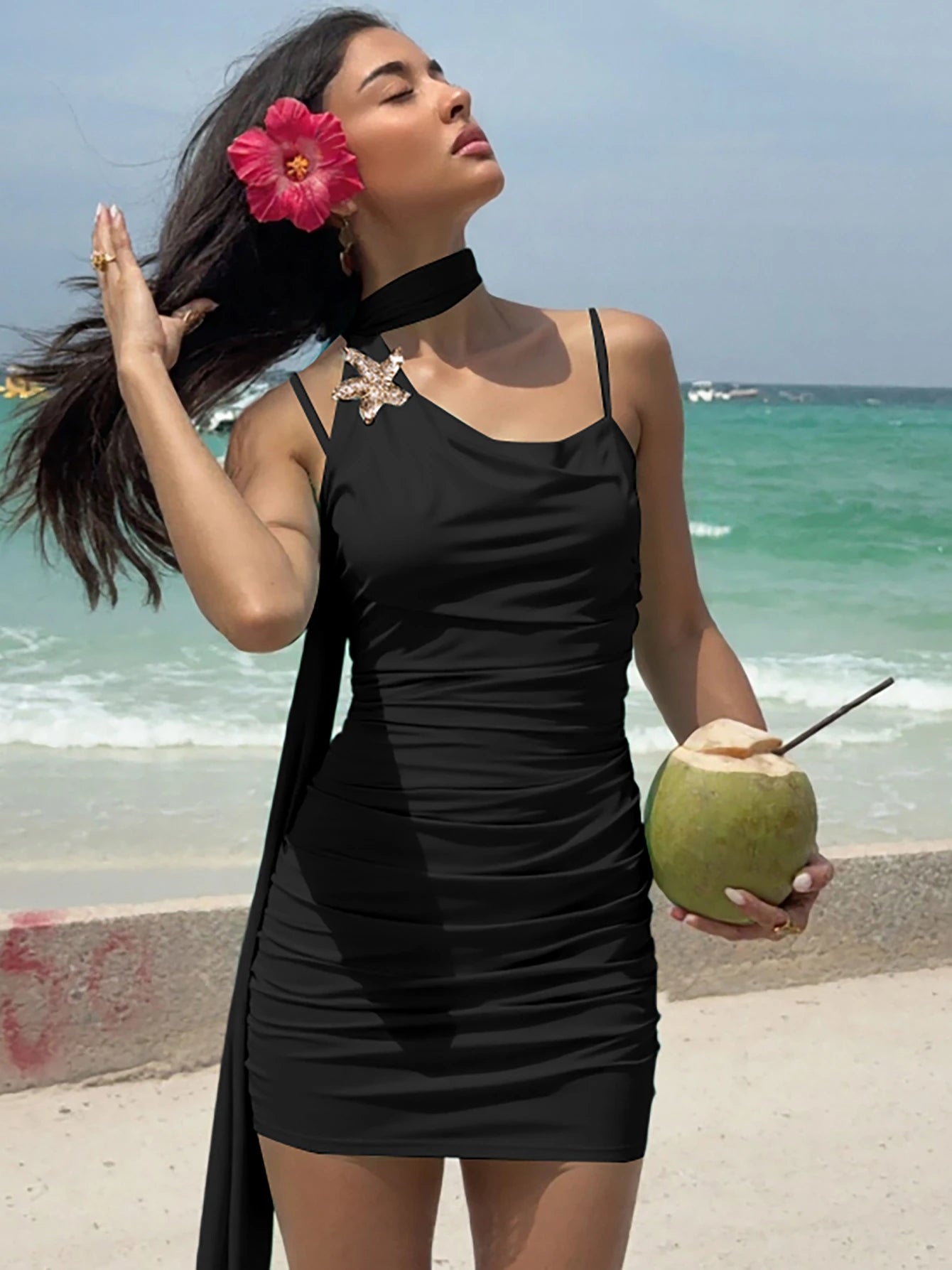 Ruched Backless Tie-Detail Sleeveless Mini Dress