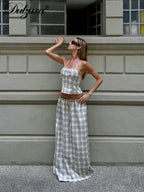 Plaid Lace-Up Backless Halter Two-Piece Set