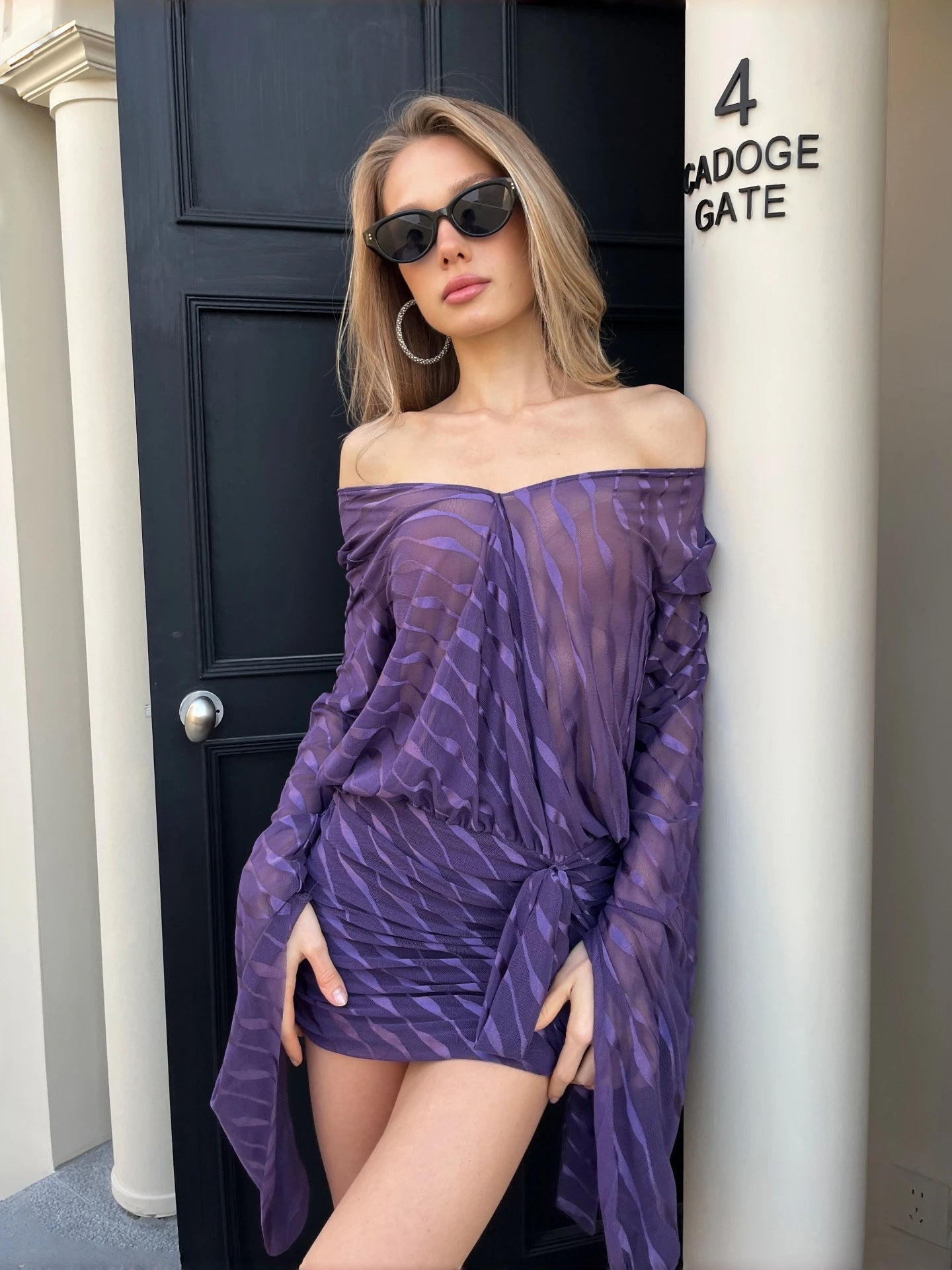 Striped Mesh Sheer Lace-Up Mini Dress