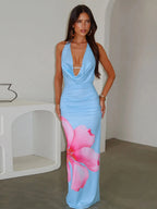Floral Lace-Up Ruched Backless Maxi Dress