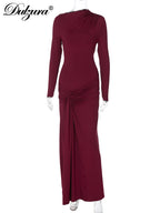 Lace-Up Ruched Long-Sleeve Maxi Dress